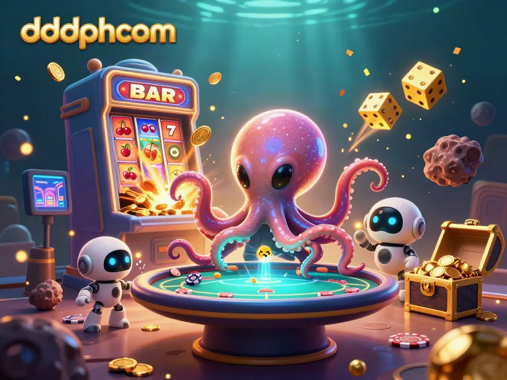 Win big with dddphcom featuring a cartoon octopus at a holographic poker table amidst a vibrant casino scene.