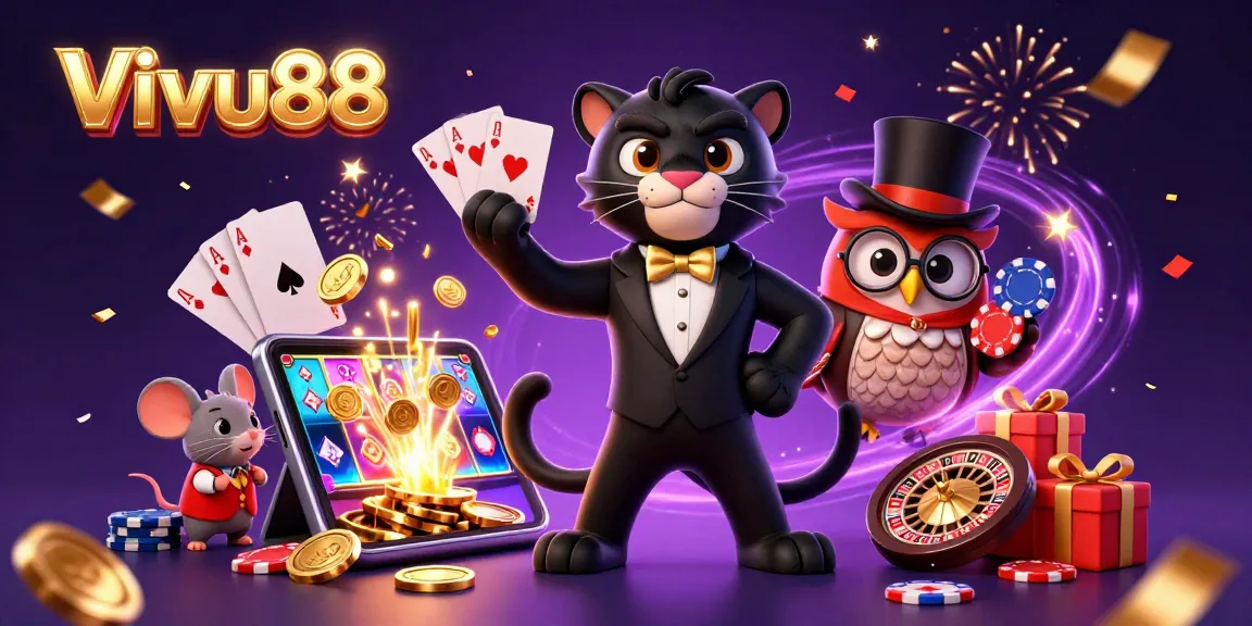 Experience thrilling games with Vivu88 as stylish characters play cards and scatter poker chips.