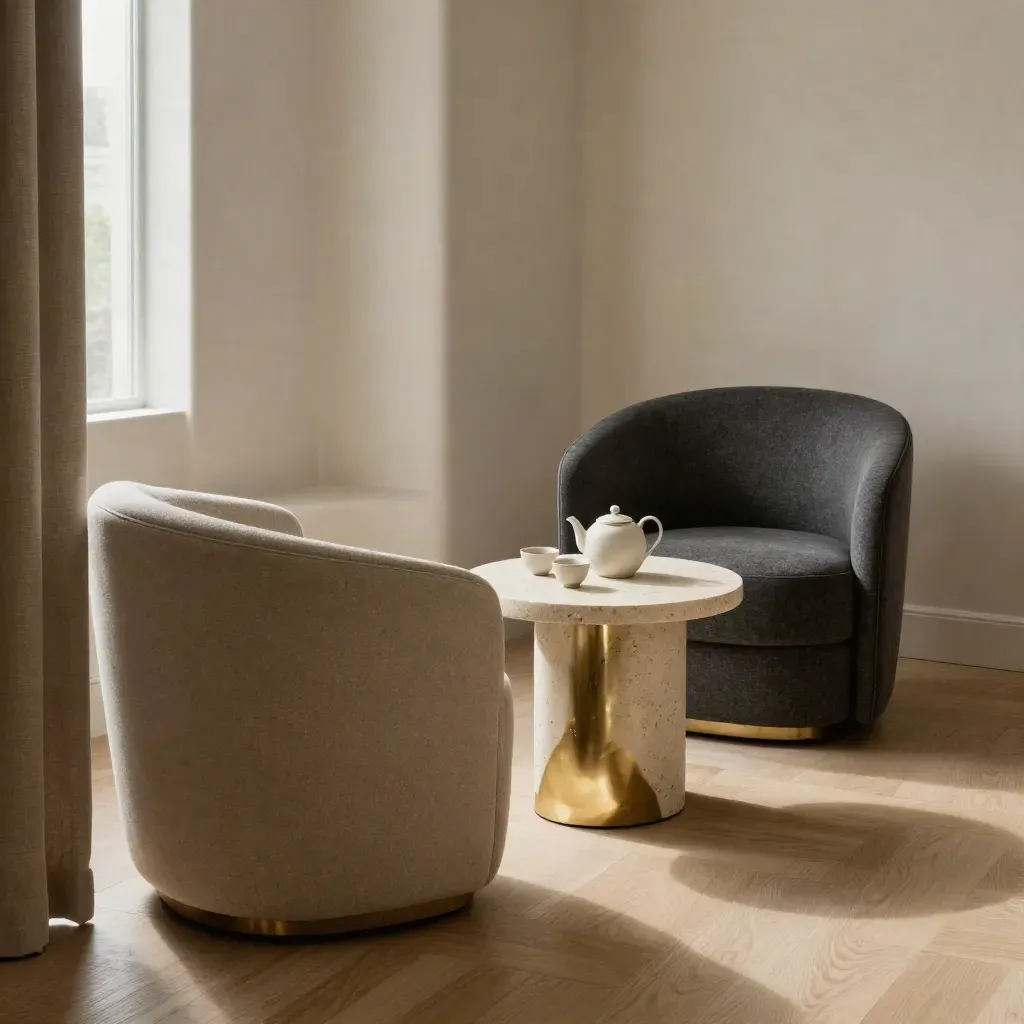 Private consultation nook with curved chairs, travertine table, teapot and wool throw.