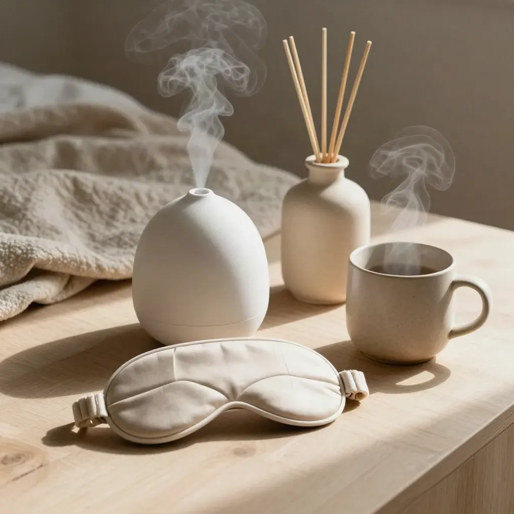 Ivory eye mask, diffuser, reeds and steaming mug on a pale wood bedside surface.