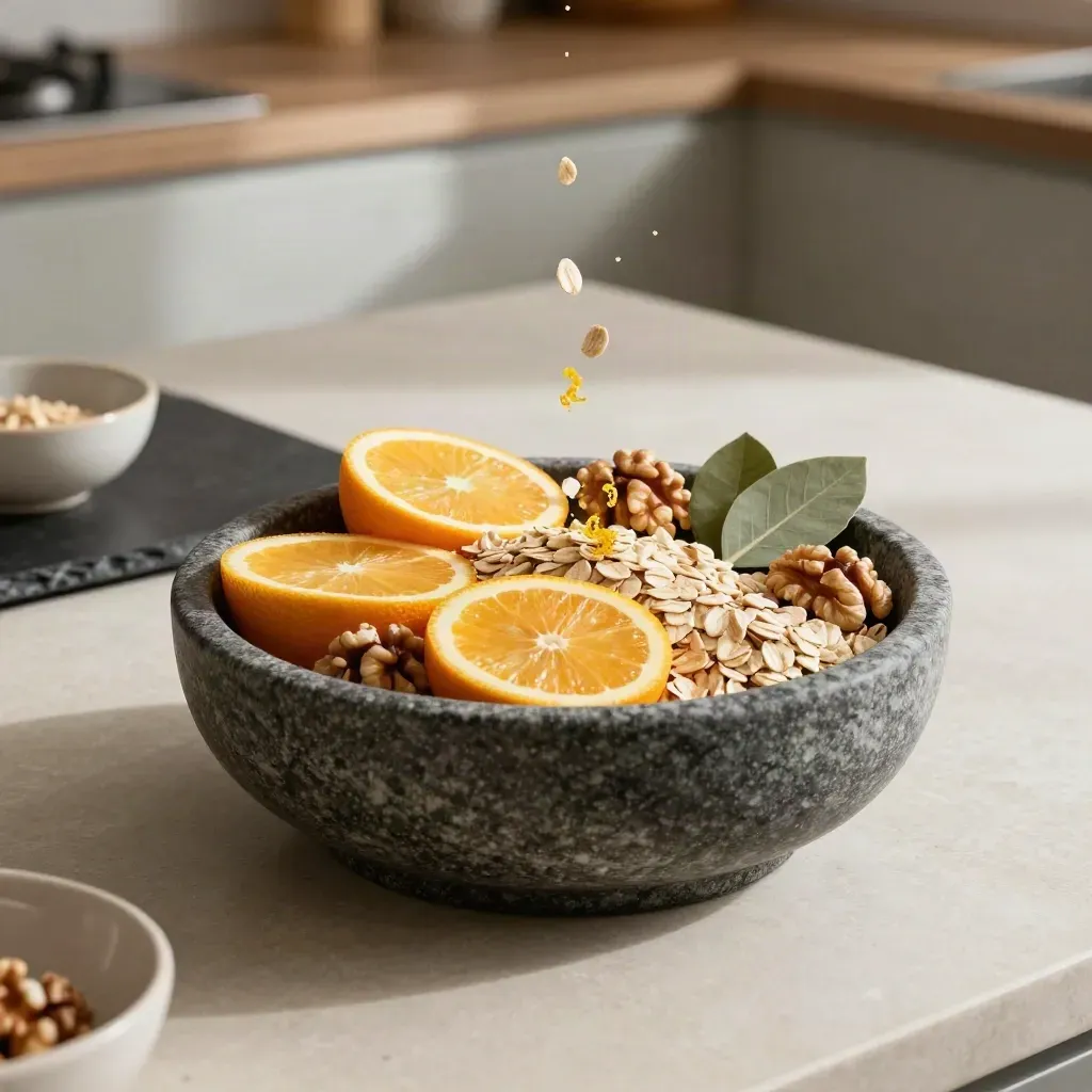 Stone bowl of citrus, oats, walnuts and herbs on a kitchen counter in soft morning light.