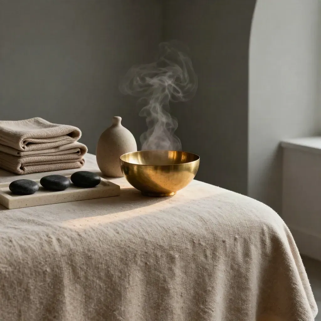 Luxury spa suite details with linen, stones, brass bowl and steam at dawn.