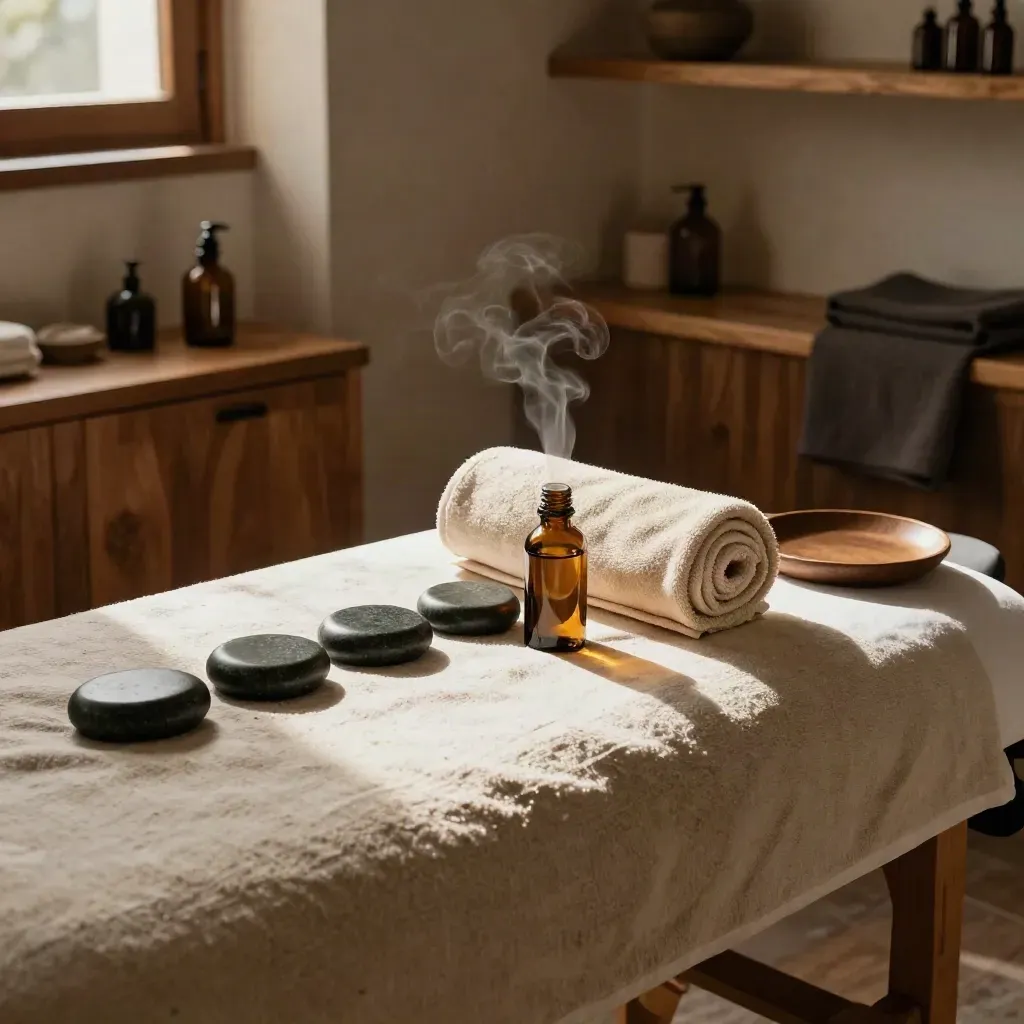 Massage table with stones, towels and oil bottle in a warm clinic room
