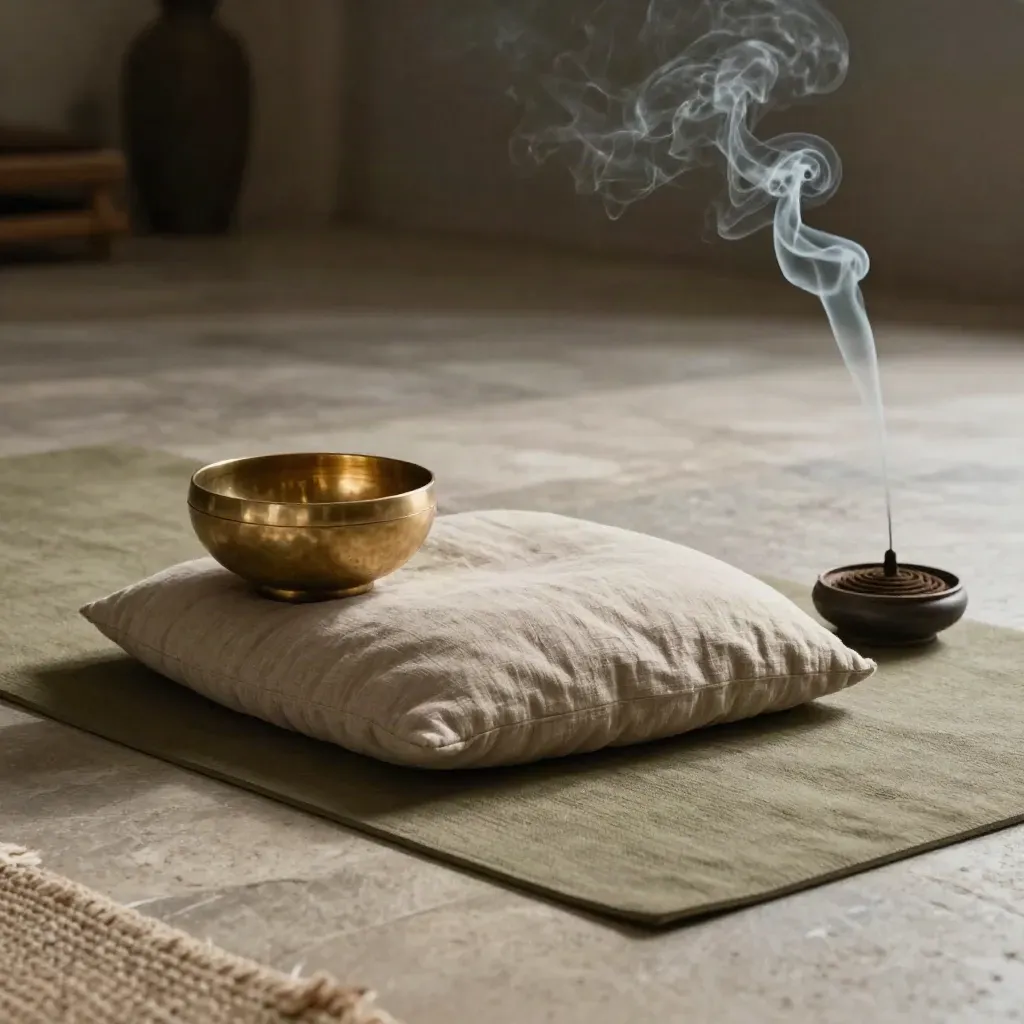 Breathwork mat with crescent cushion, brass bowl, incense burner and curling smoke
