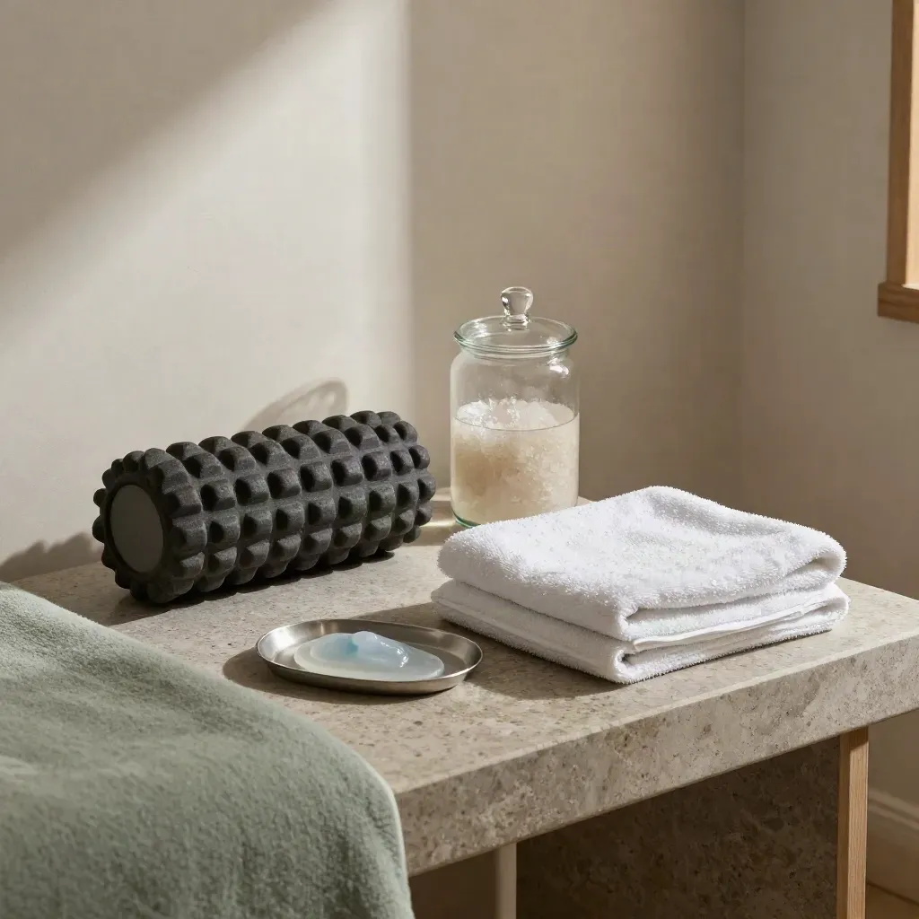 Recovery tools on a spa bench: foam roller, chilled towel, magnesium soak jar and blanket in warm light.