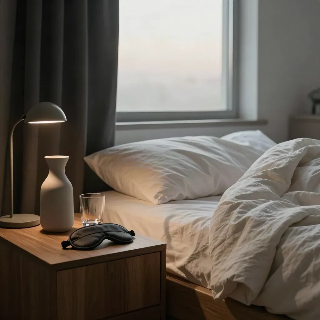Sleep-ready bedside with blackout drape, low lamp, water carafe and eye mask in dawn haze.