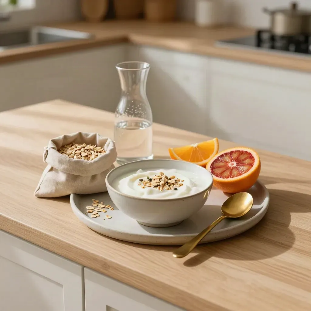 Overhead yogurt bowl with citrus, oats, seeds and a glass carafe on a warm kitchen counter.