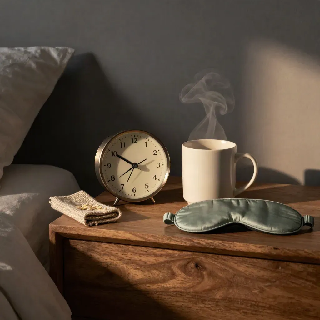 Steam rises from a mug beside a clock, blanket, and sleep mask on a bedside table at dawn.