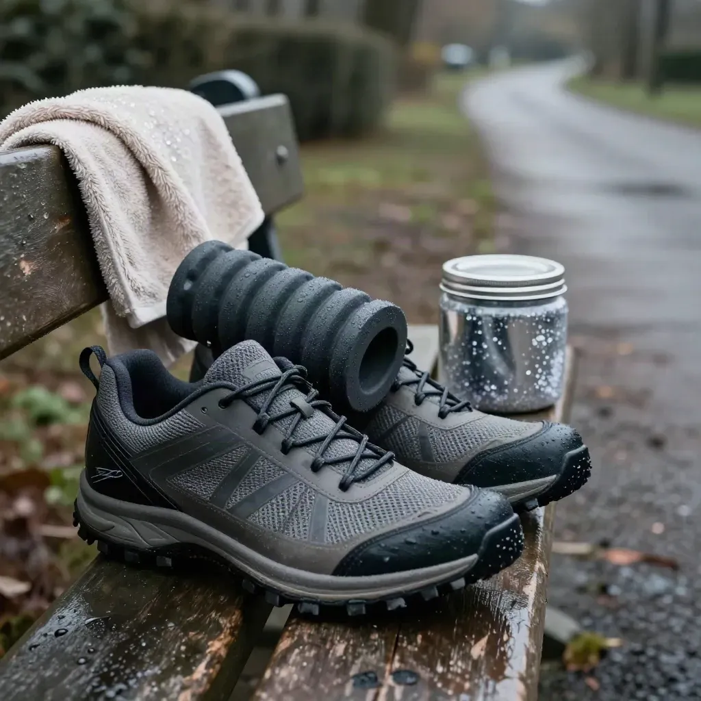 Wet trail shoes, foam roller, cold towel and magnesium bath jar beside a bench after a run.