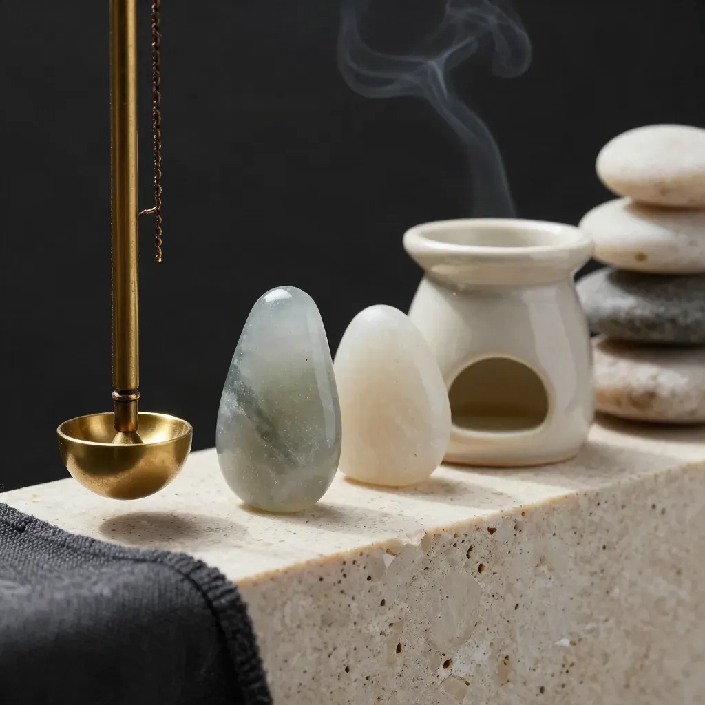Macro still life of brass pendulum, obsidian stone, oil burner and pebbles on travertine.
