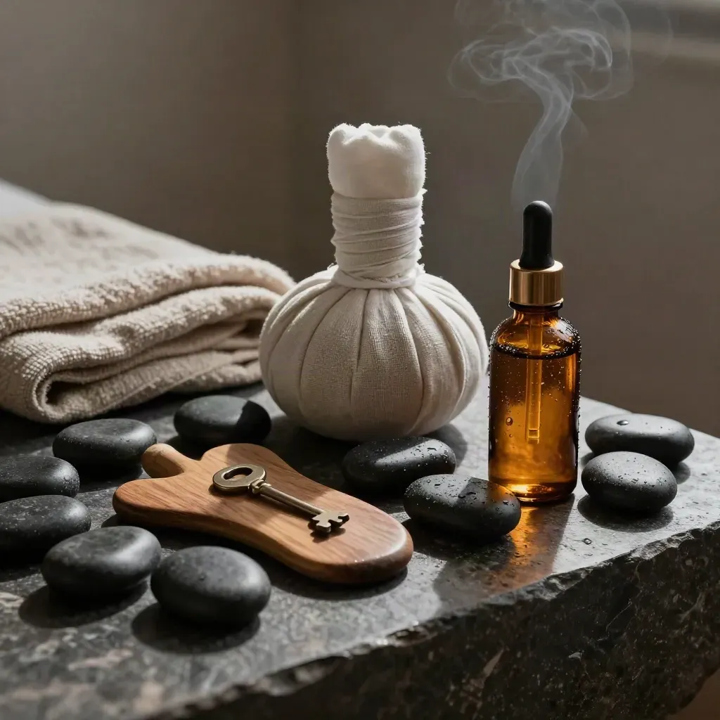 Basalt stones, gua sha tool, linen compress and amber oil on a stone ledge with steam