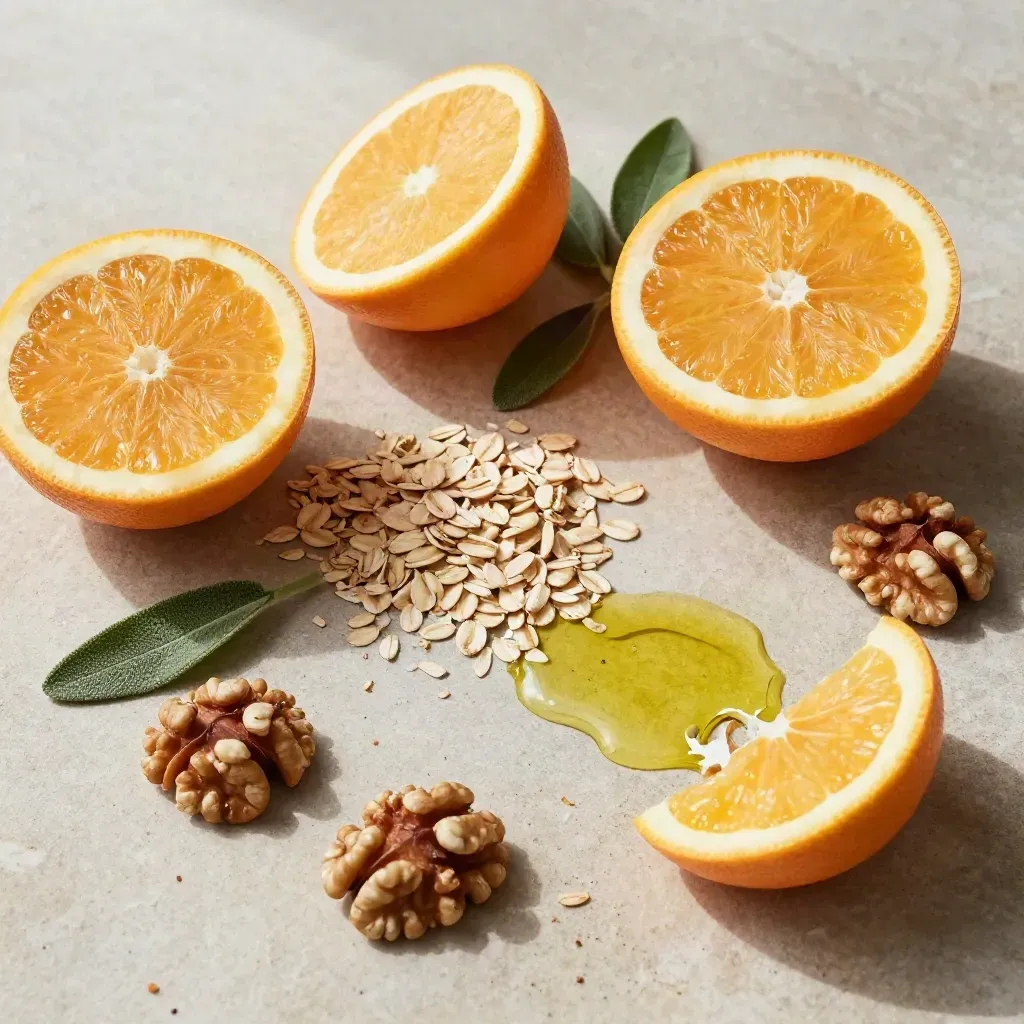 Overhead citrus, walnuts, oats, herbs and olive oil on pale stone.