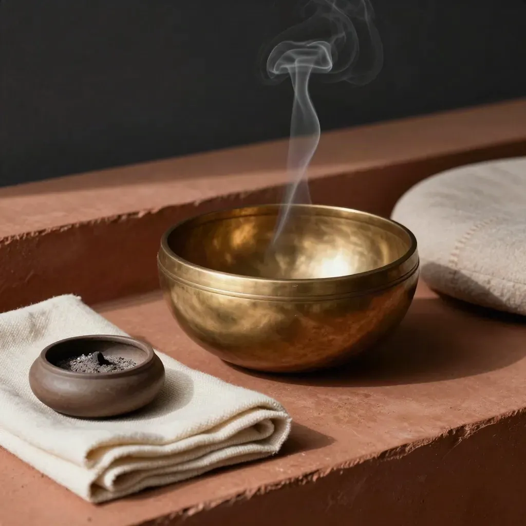 Smoke curls past a brass singing bowl, incense burner, linen and crescent cushion.