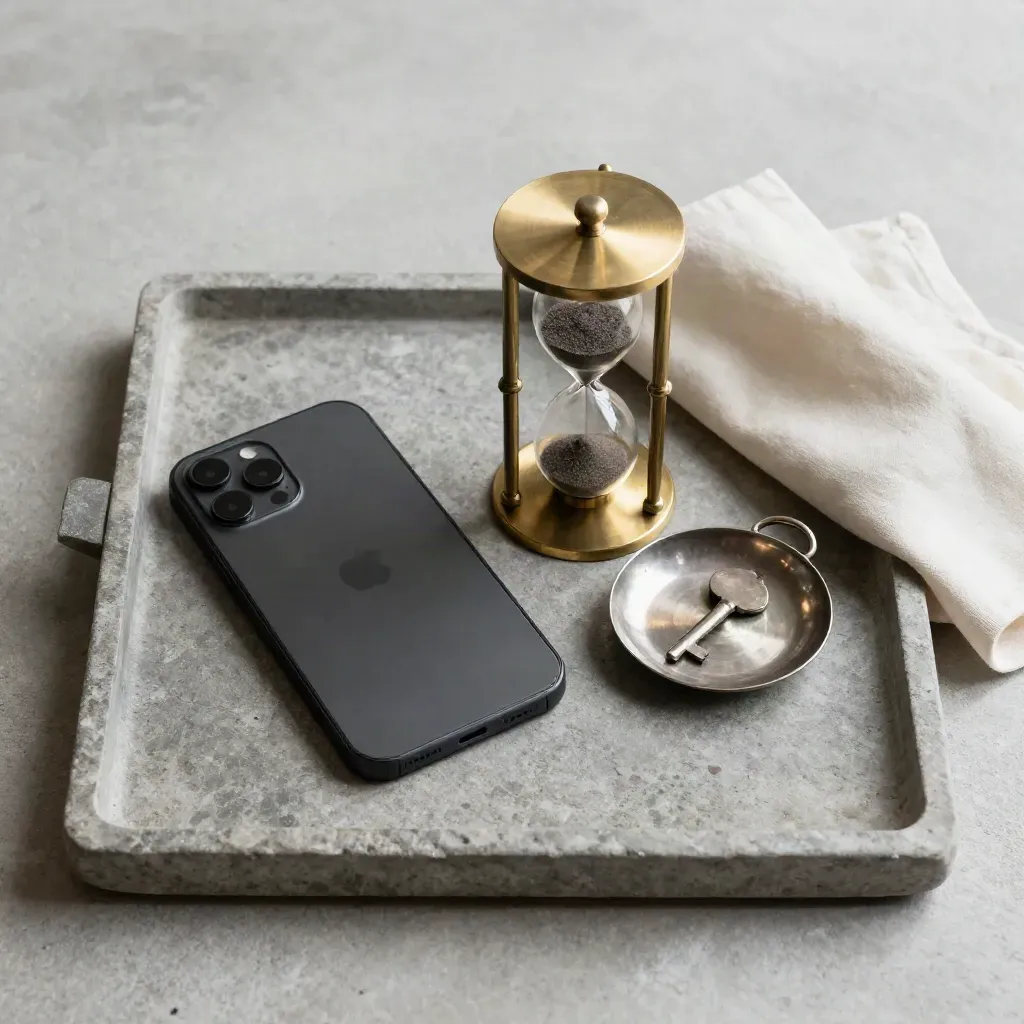 Smartphone, brass hourglass and key dish arranged on a stone tray with an ivory cloth.