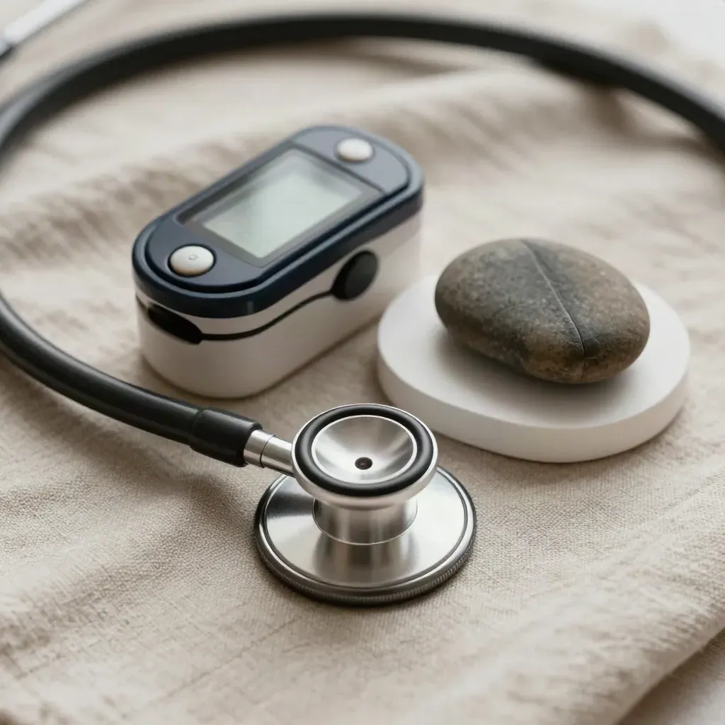 Stethoscope, pulse oximeter and river stone on linen, softly lit on plaster