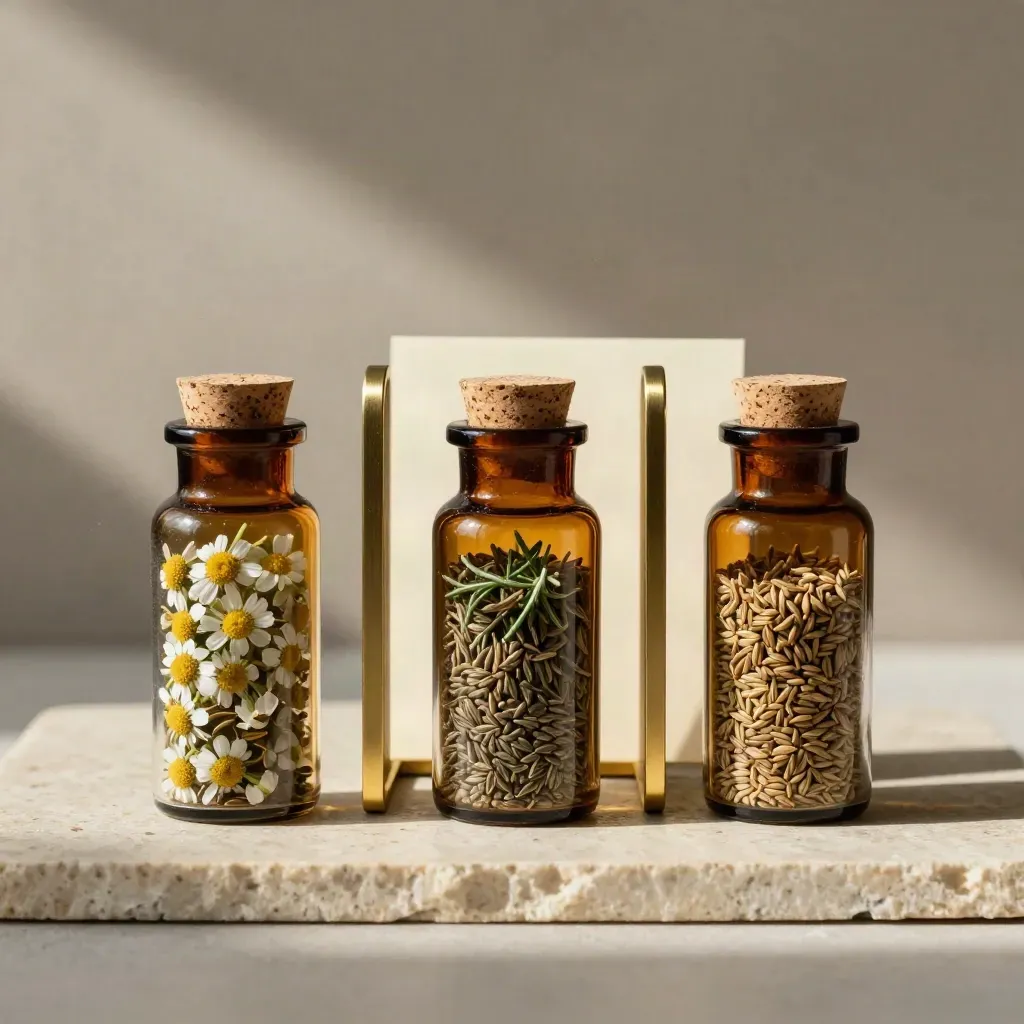 Overhead flatlay of three apothecary jars of herbs and seeds beside a brass divider on stone.