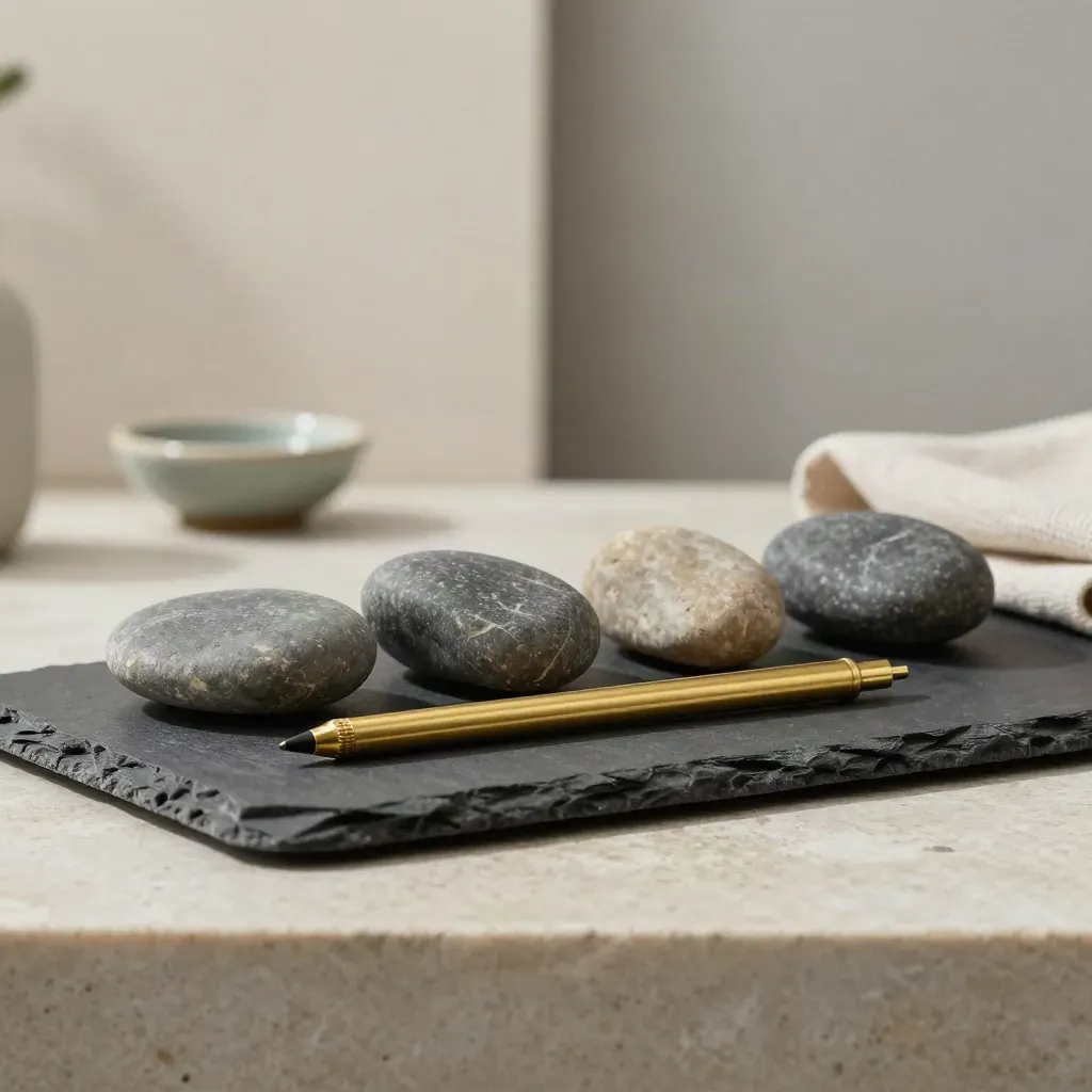Slate plate with four pebbles and a brass marker, low side-lit and softly hazed.