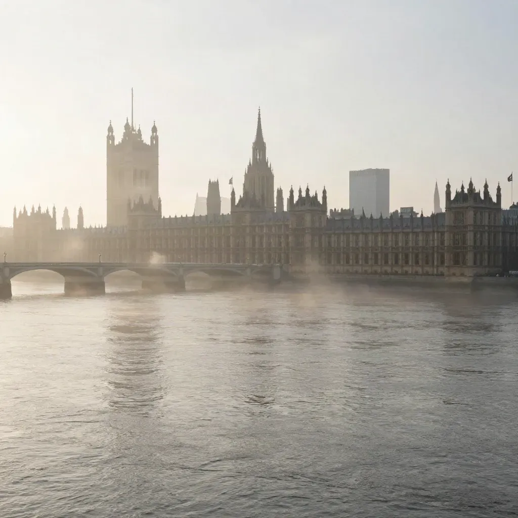 Westminster and the Thames in dawn fog, bridge silhouette high, calm water below.