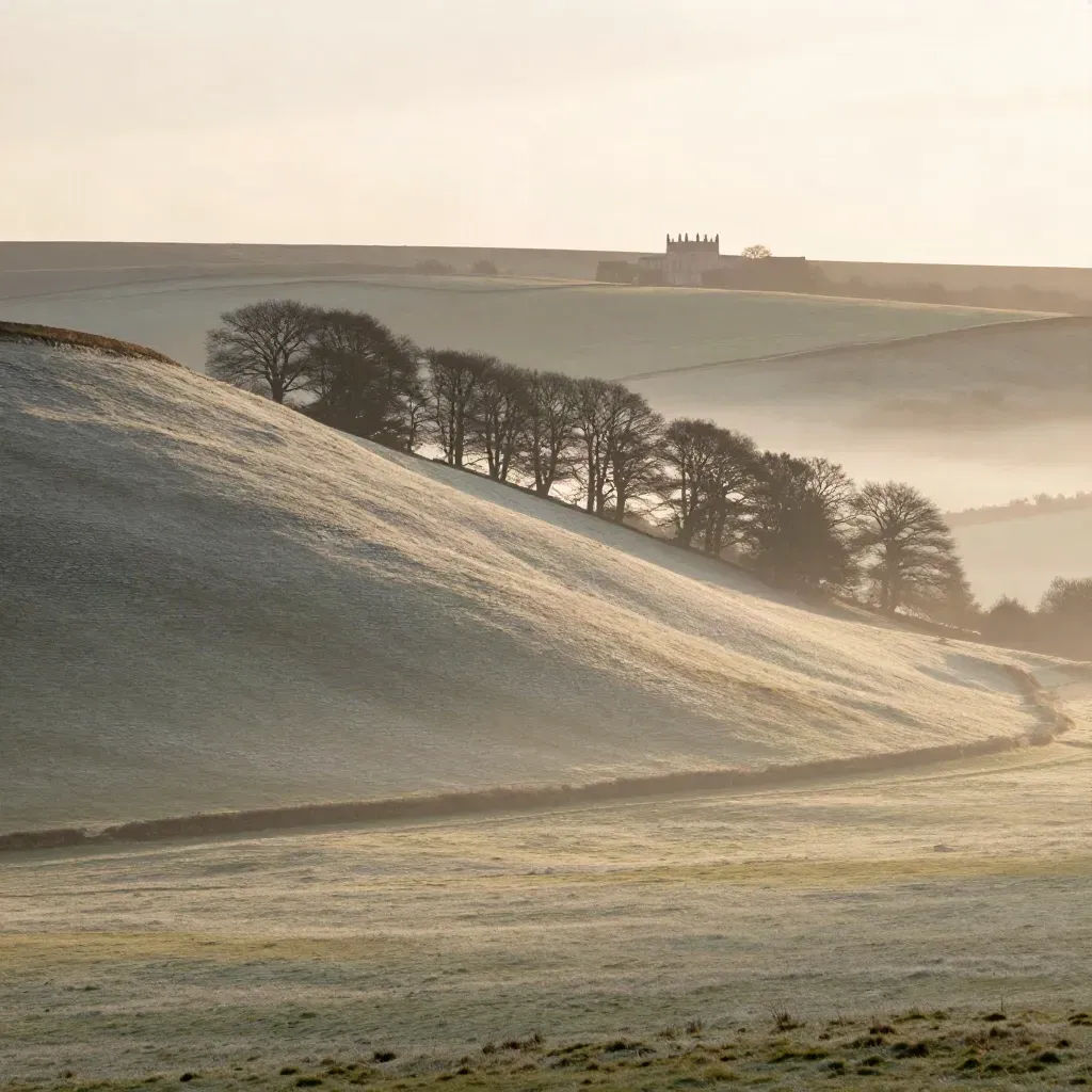 Misty Surrey Hills chalk slope with beech trees and a manor roof above calm open foreground.