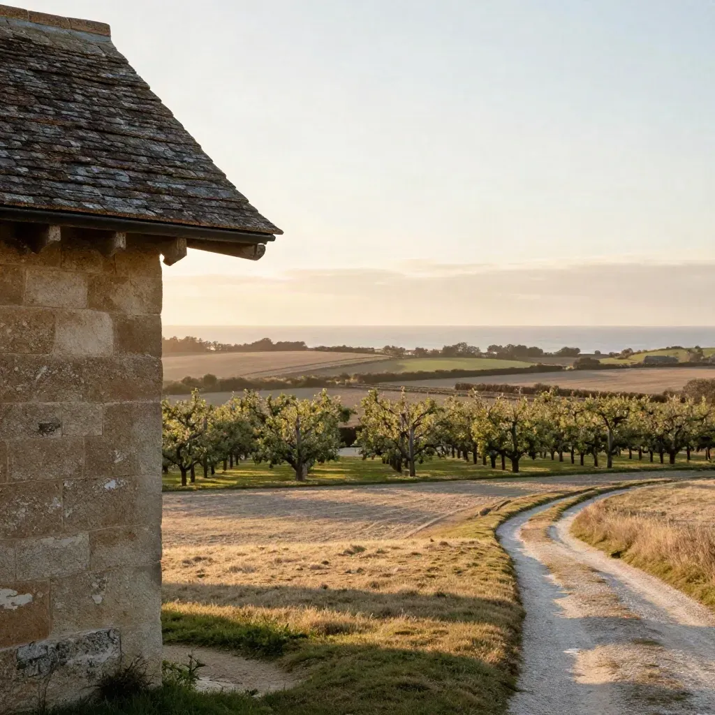 Golden-hour Kent oast-house roofline above orchard rows and hazy fields