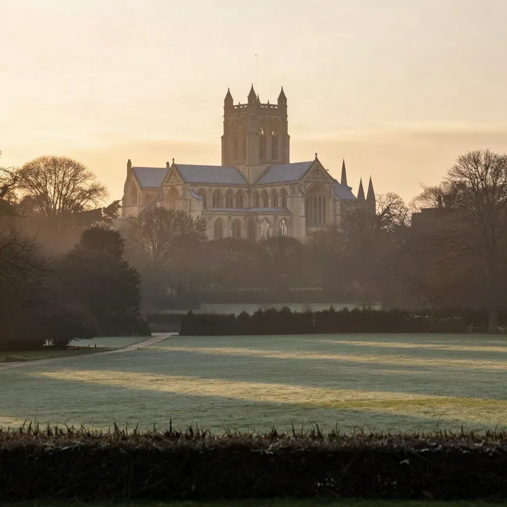 St Albans Cathedral silhouette above misty parkland at dusk