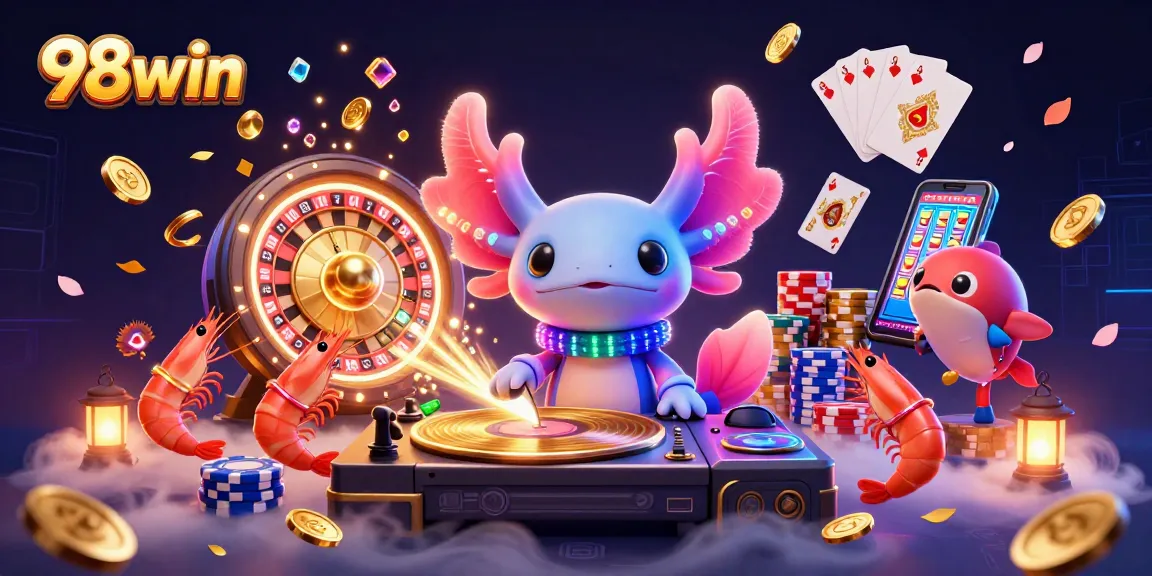 Engage with 98win's thrilling gaming scene as an axolotl DJ spins records surrounded by vibrant casino elements.