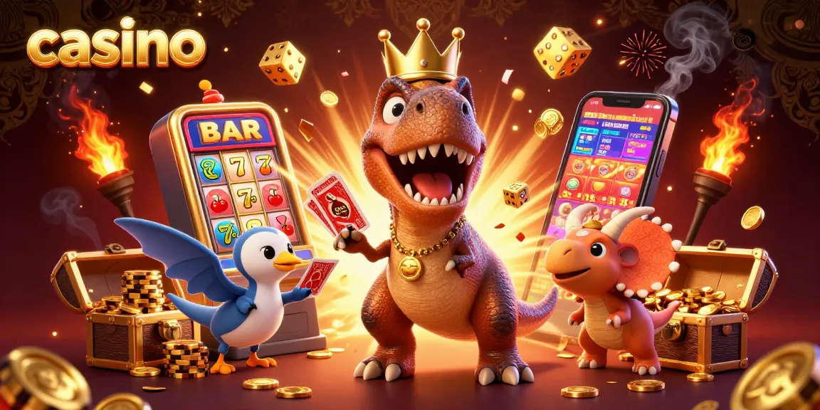 Casino scene with a T-Rex shuffling cards and a pterodactyl helping, surrounded by jackpots and golden chips.