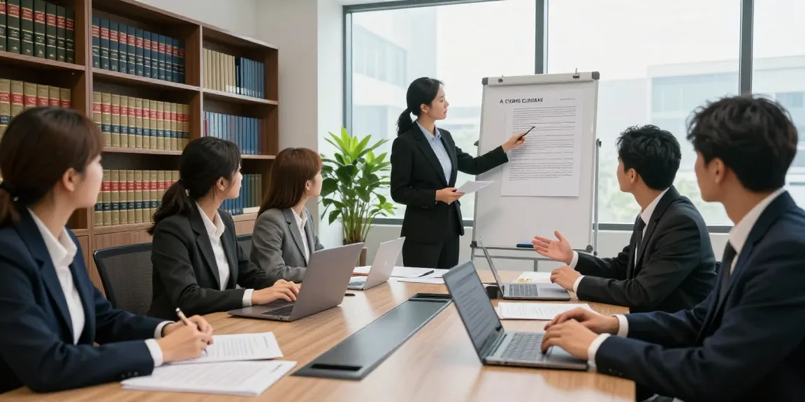 Lawyers in a professional setting discussing previous case files in a bright conference room