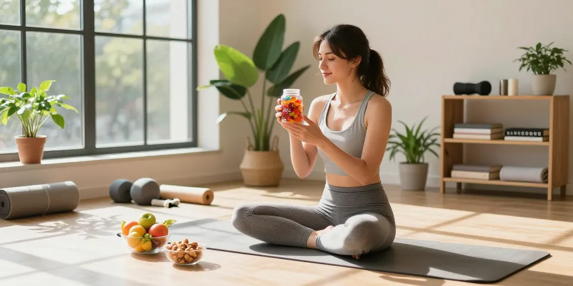 Enjoying lab-tested CBD gummies in a sunlit wellness studio with healthy snacks and plants.
