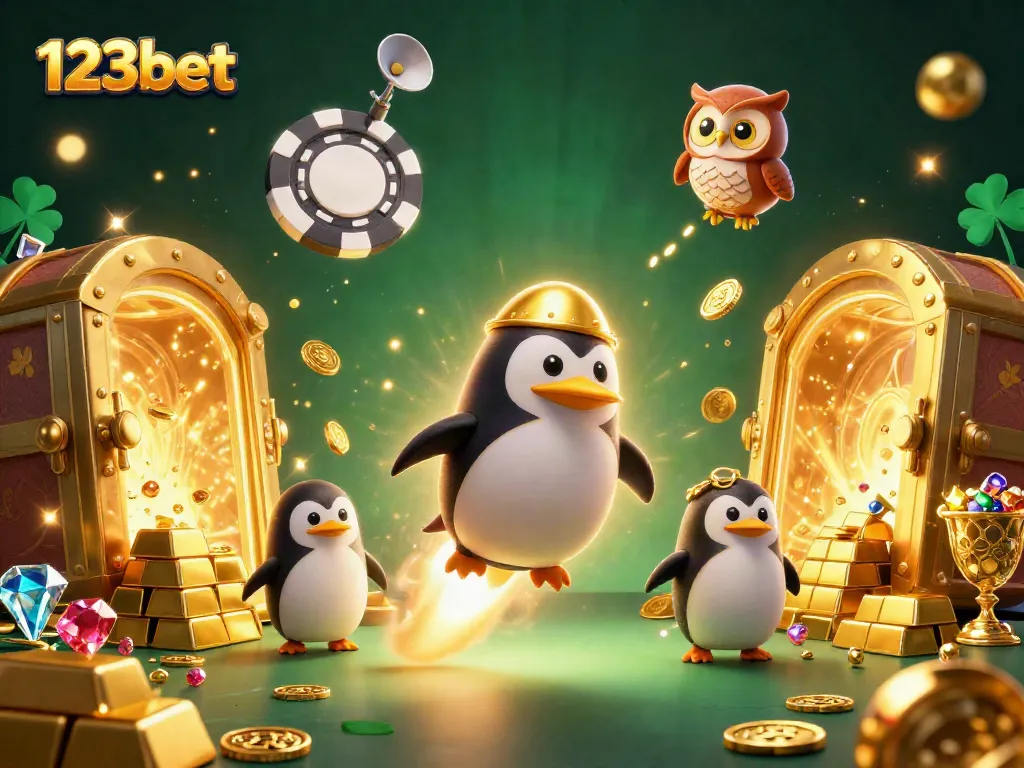 Experience the thrill of 123bet with a golden penguin and casino-themed adventure.