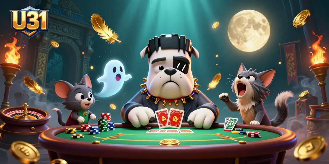 Experience thrilling card games at U31 with a spooky bulldog monster dealer and festive elements.