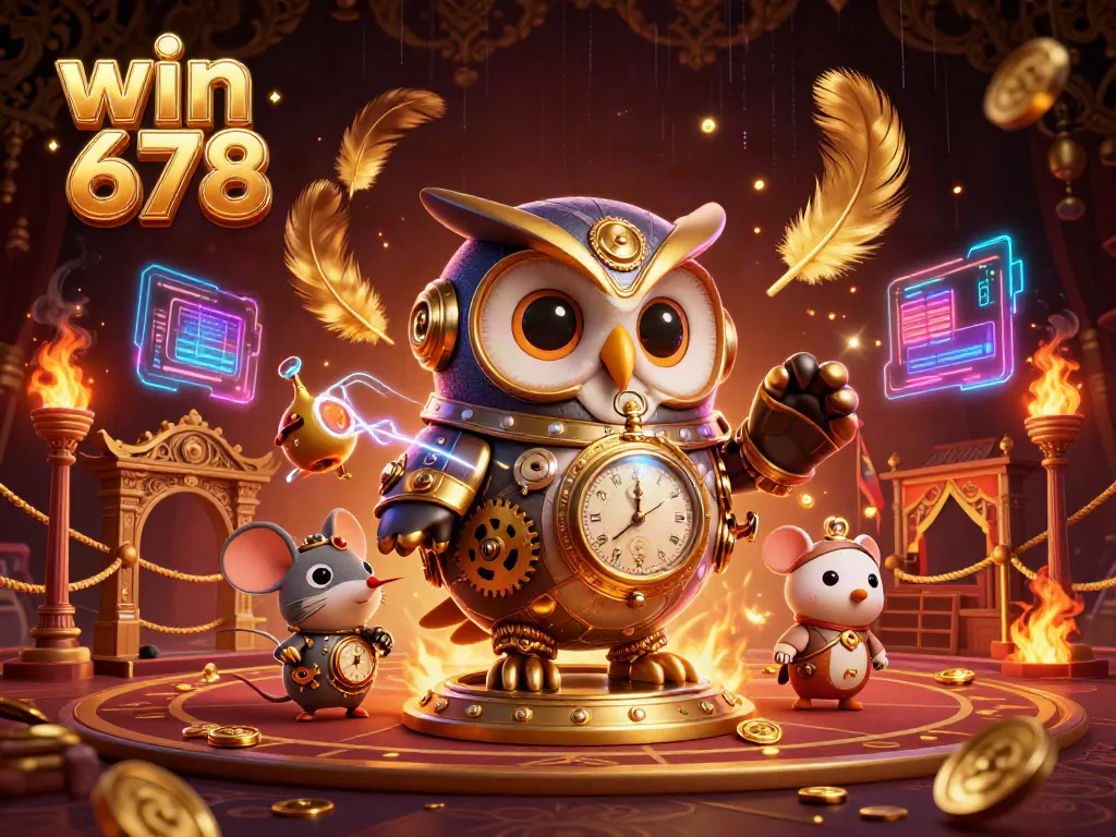 Experience the vibrant casino action and excitement of win 678 with a steampunk owl character, dynamic scenes, and exciting gameplay.