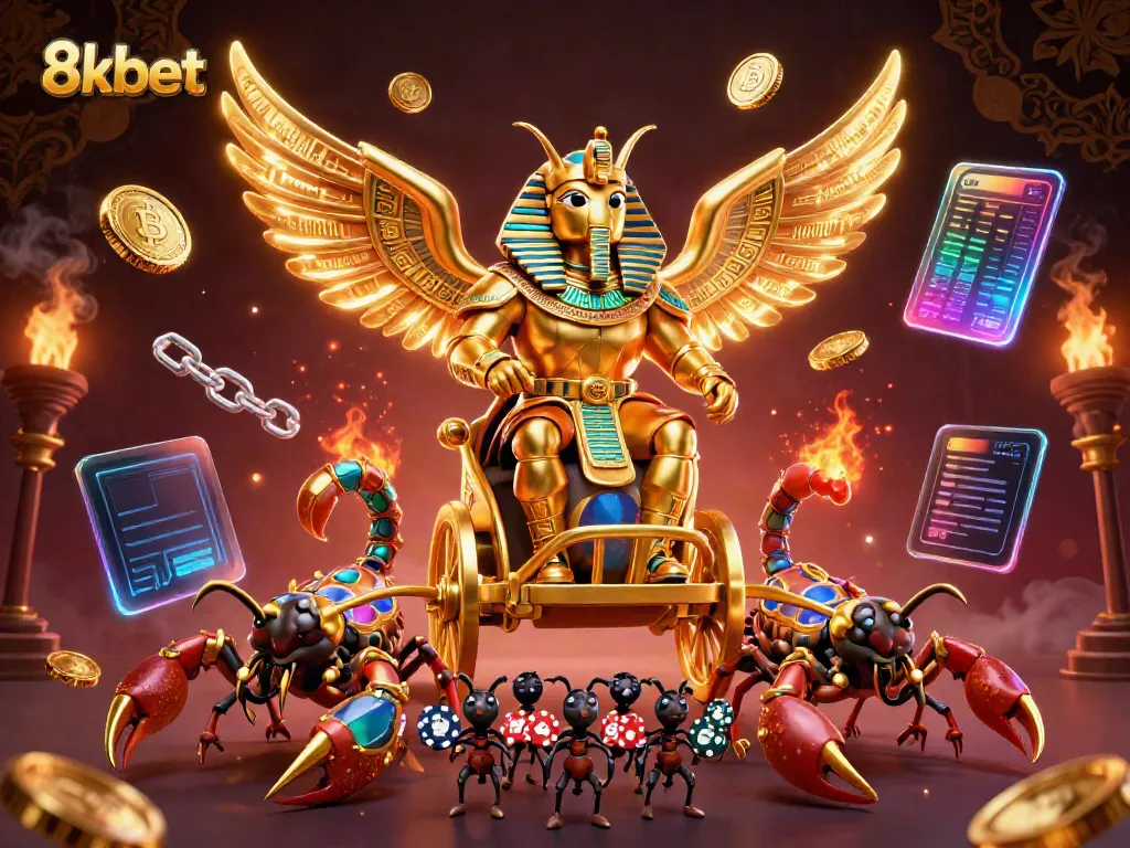 Experience the thrilling world of 8xbet with a vibrant 3D casino scene featuring golden scarab warriors.