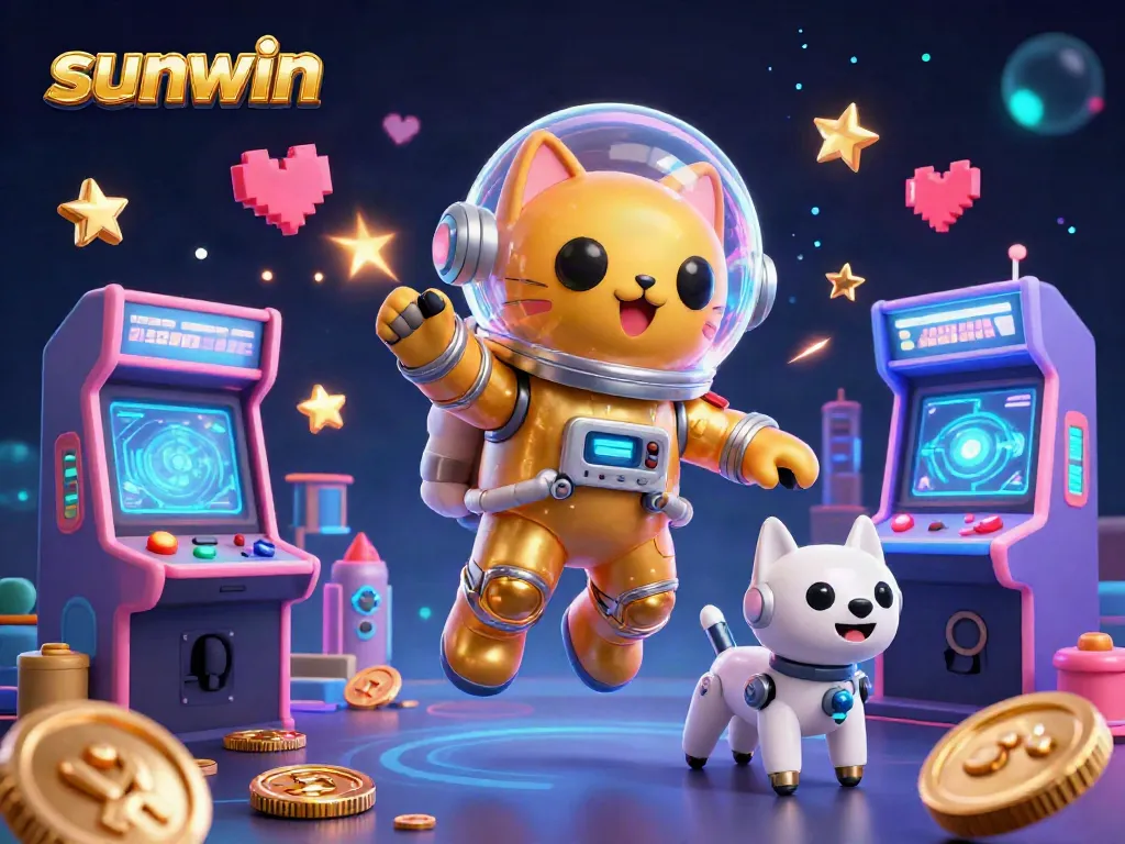 Experience the excitement at sunwin with a vibrant arcade scene showcasing an astronaut cat and robot dog.