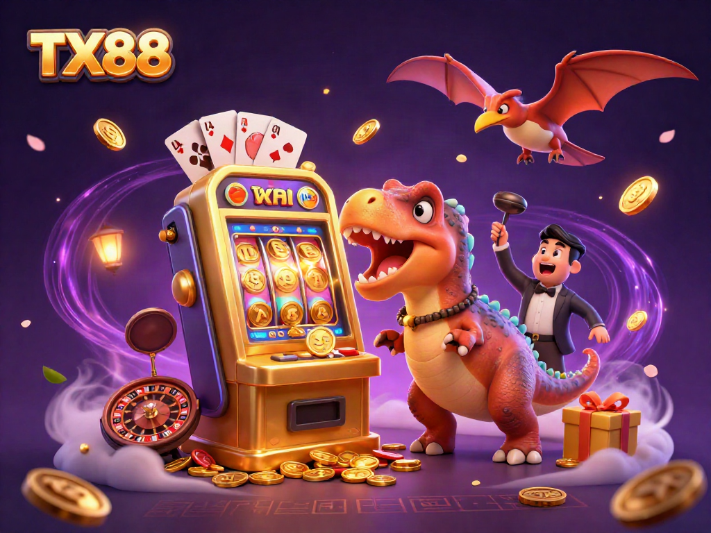 TX88 cartoon pachycephalosaurus hitting a slot machine for jackpot coins, vibrant casino scene