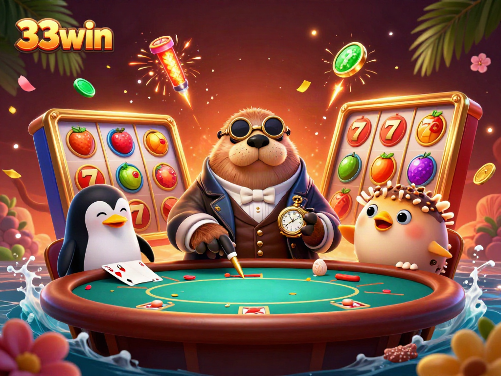 Experience the thrill of 33win with a jolly walrus and friends at a vibrant underwater poker table.