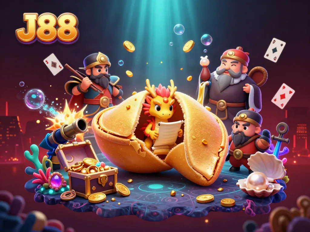 Win big with J88 as golden cookies, a wise dragon, and colorful gems create a vibrant casino underwater scene.