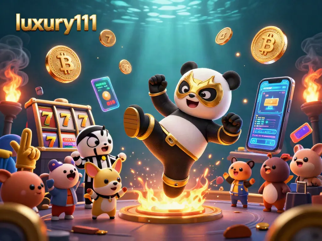 Engage in exciting slots gameplay at luxury111 with a dynamic 3D illustration of a panda wrestler in action!