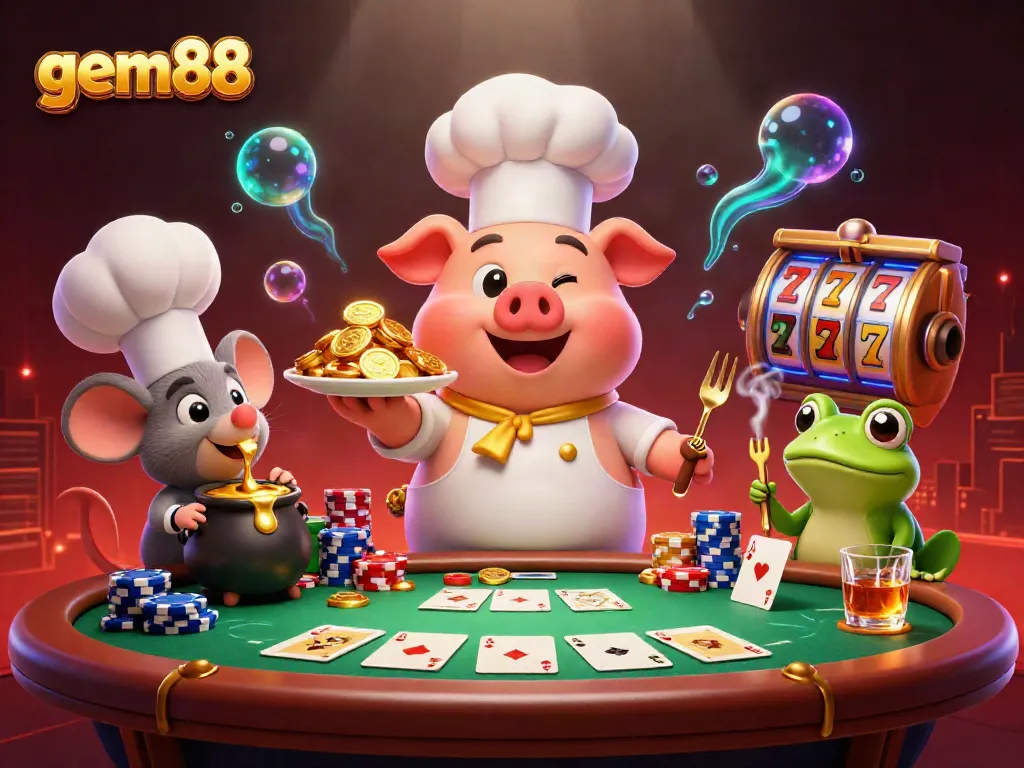 Experience the thrill of gem88 with a vibrant 3D illustration featuring colorful coin stacks, playful casino characters, and interactive gaming elements.