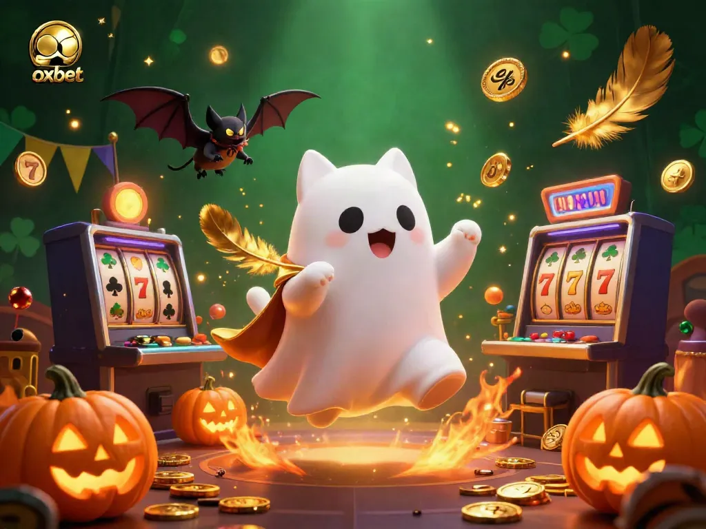 Spin and win big with OXBET's lively casino scene featuring a ghost cat and vampire bat.