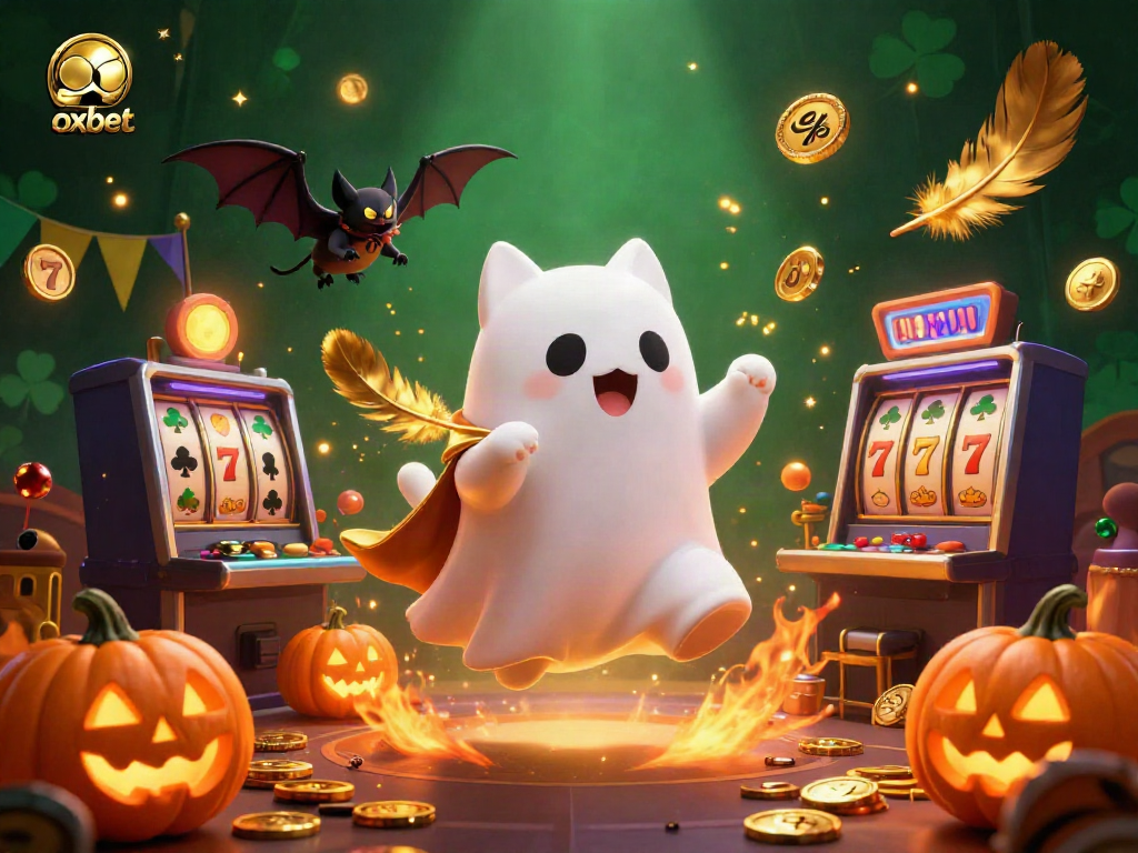 Spin and win big with OXBET's lively casino scene featuring a ghost cat and vampire bat.