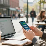 Person casually using WhatsApp下載 on a smartphone at an outdoor café table, surrounded by vibrant city life.