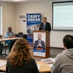 Voters engage with Casey Askar at town hall discussing transparency in his political campaign.