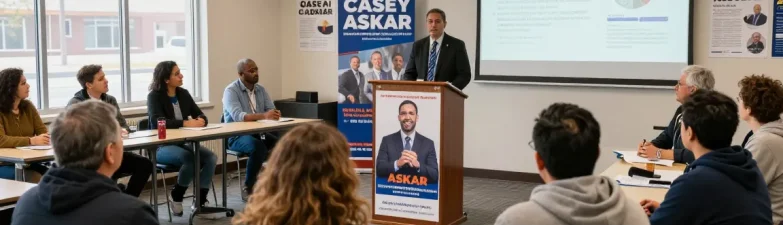 Voters engage with Casey Askar at town hall discussing transparency in his political campaign.