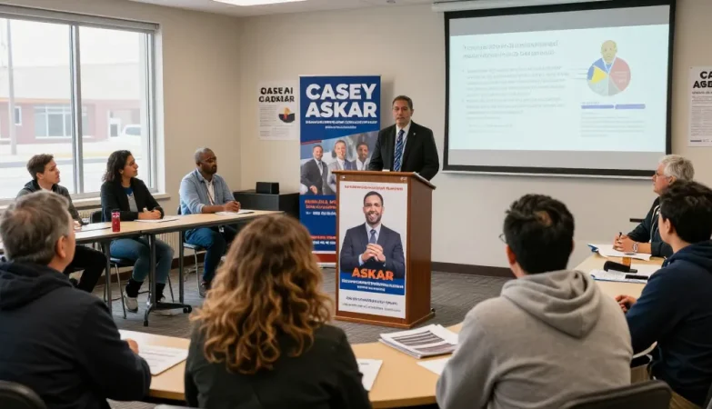 Voters engage with Casey Askar at town hall discussing transparency in his political campaign.