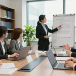 Lawyers in a professional setting discussing previous case files in a bright conference room