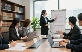Lawyers in a professional setting discussing previous case files in a bright conference room