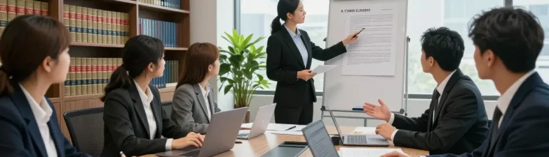 Lawyers in a professional setting discussing previous case files in a bright conference room