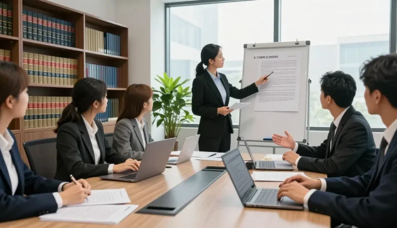 Lawyers in a professional setting discussing previous case files in a bright conference room