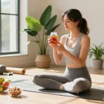 Enjoying lab-tested CBD gummies in a sunlit wellness studio with healthy snacks and plants.